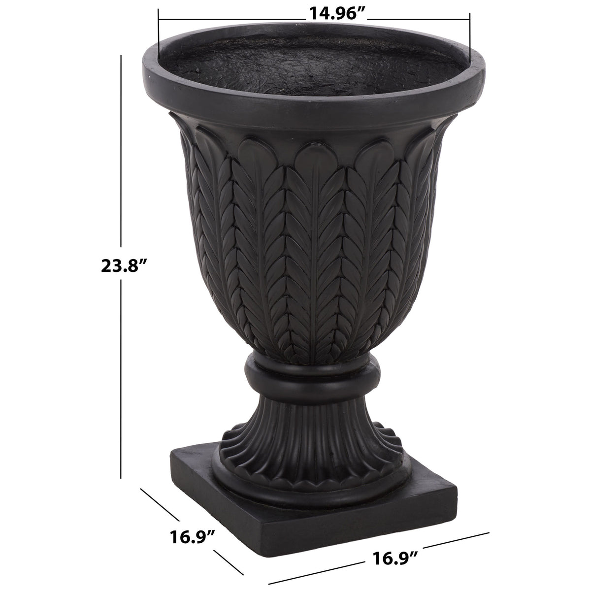 A black urn planter stands 23.8 inches tall on a 16.9-inch square base || PAT5046E || dimension_studio