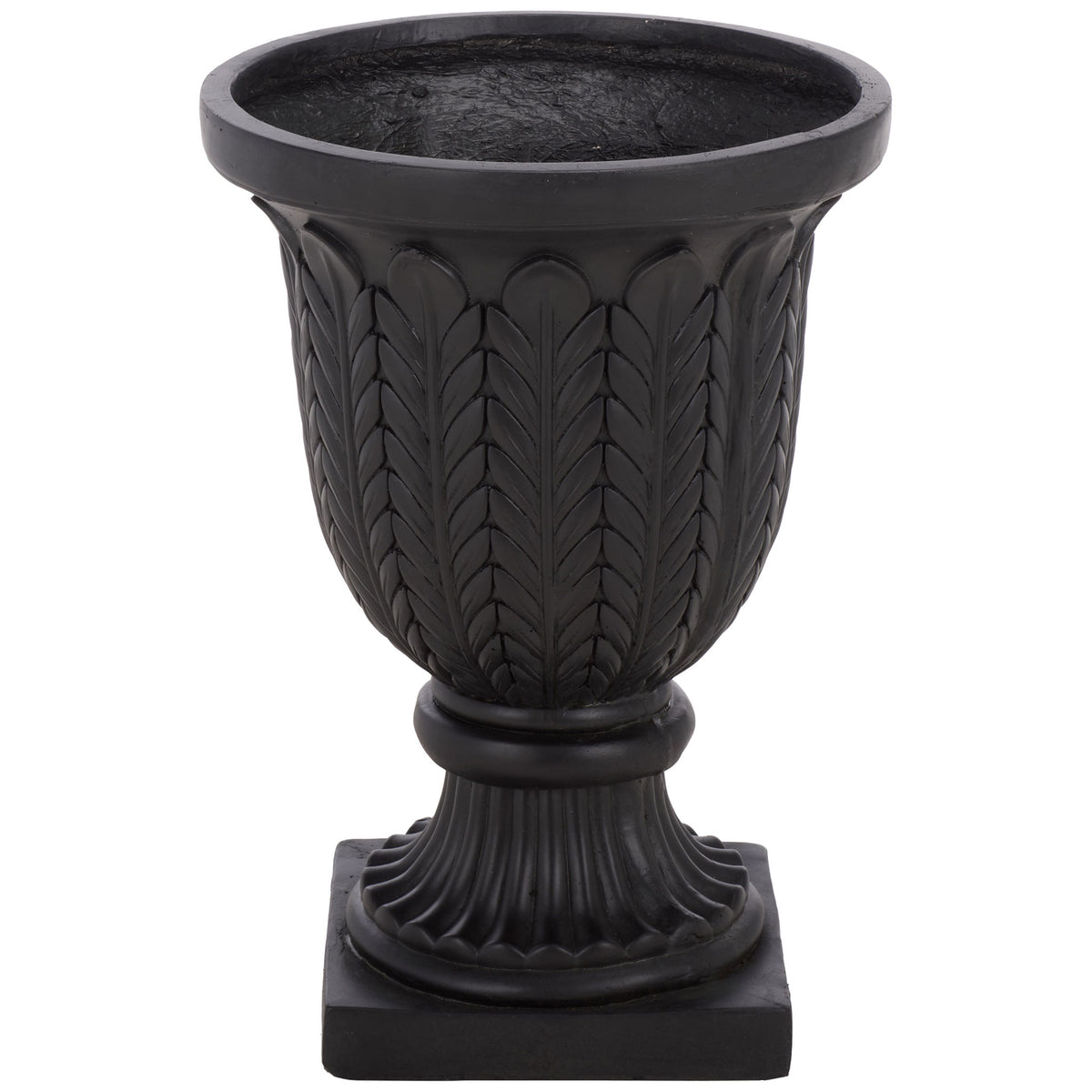 A black urn planter pairs raised leaf motifs with a fluted pedestal and square base || PAT5046E || front_studio