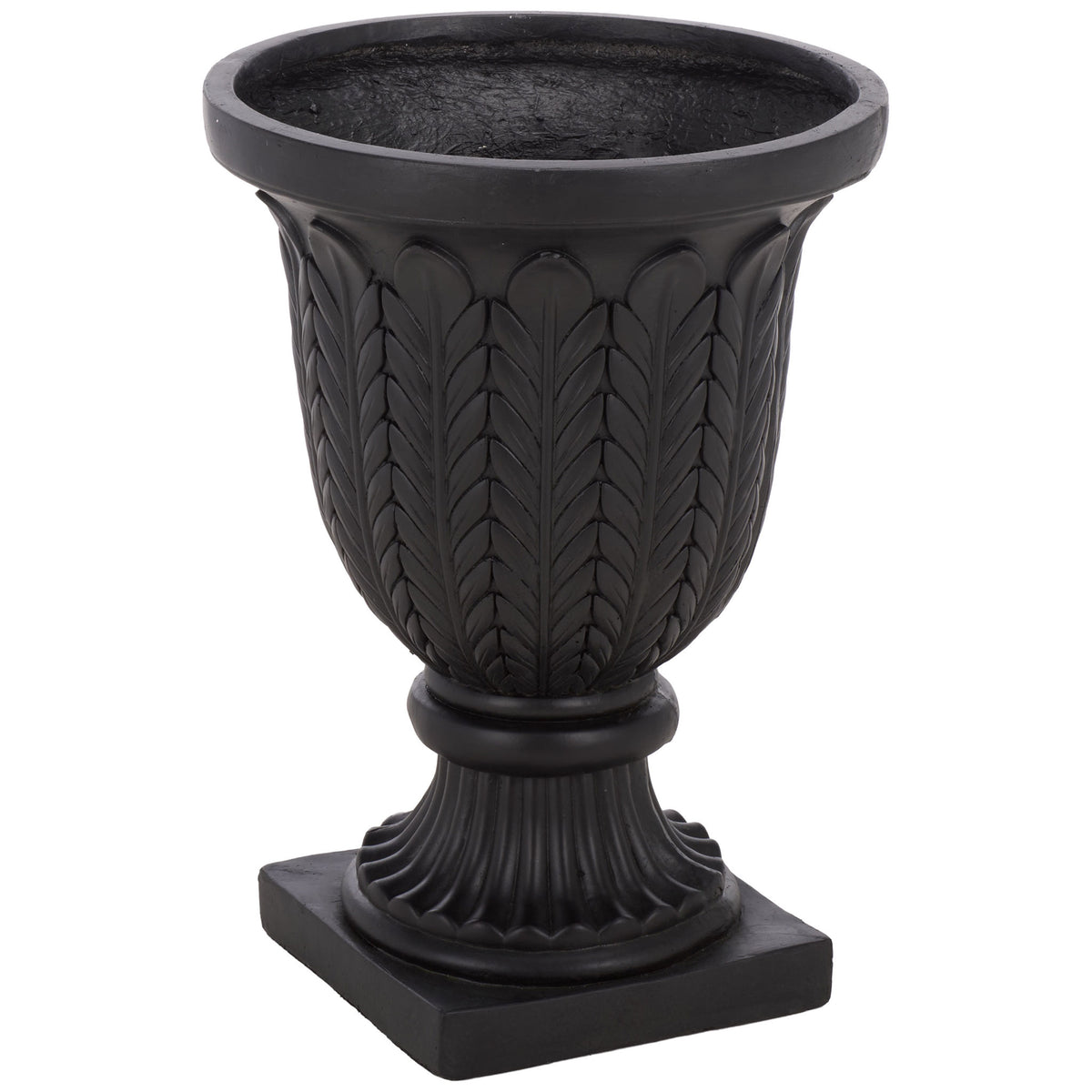 A broad-rimmed black urn displays repeating foliage relief above its pedestal base