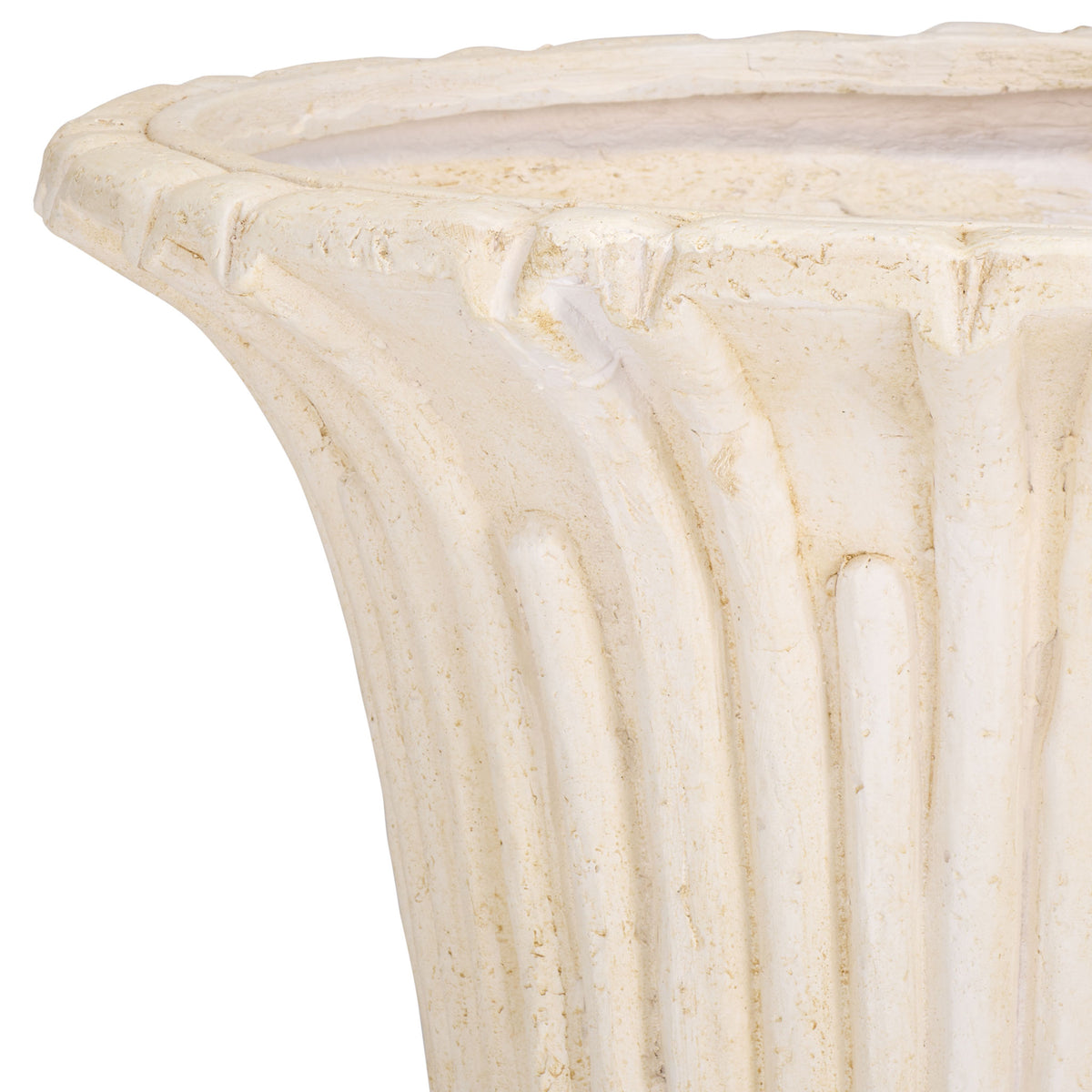 Off-white urn's flared rim meets tall sculpted flutes with a softly aged finish || PAT5047A || detail_studio