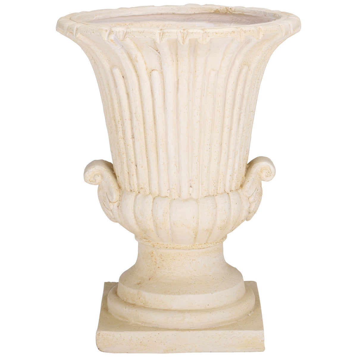 Off-white urn planter features a fluted, flared body with curled accents and a square base || PAT5047A || front_studio