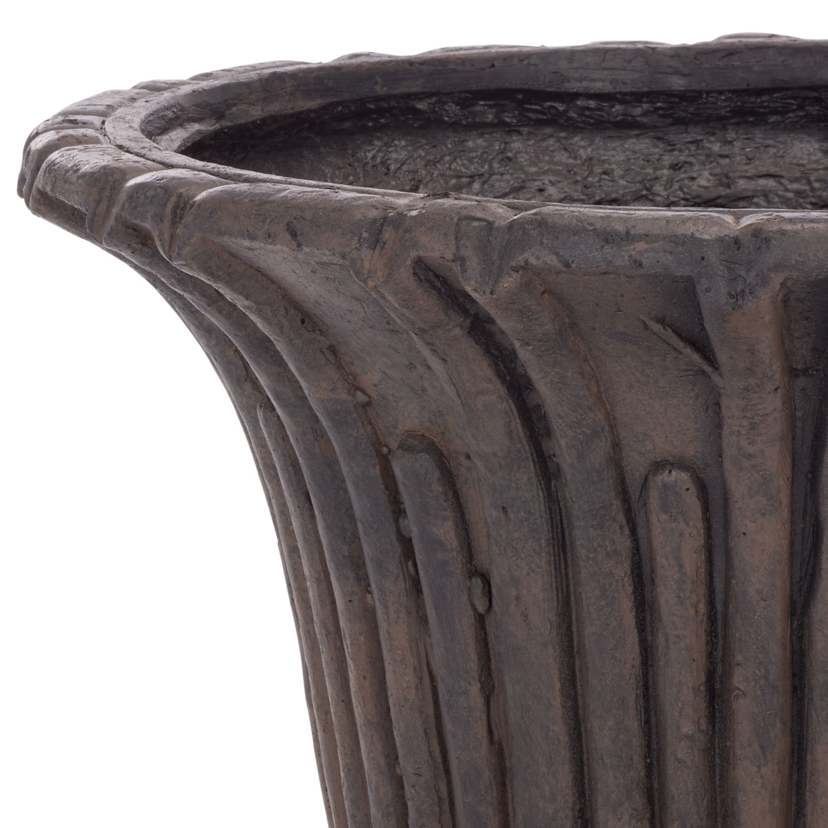 Flared rim and deep vertical flutes reveal the brown urn's aged finish || PAT5047B || detail_studio