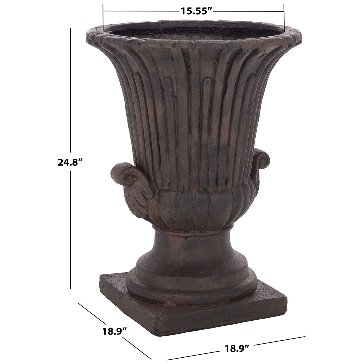 Brown urn planter stands 24.8 inches tall above an 18.9-inch square base || PAT5047B || dimension_studio