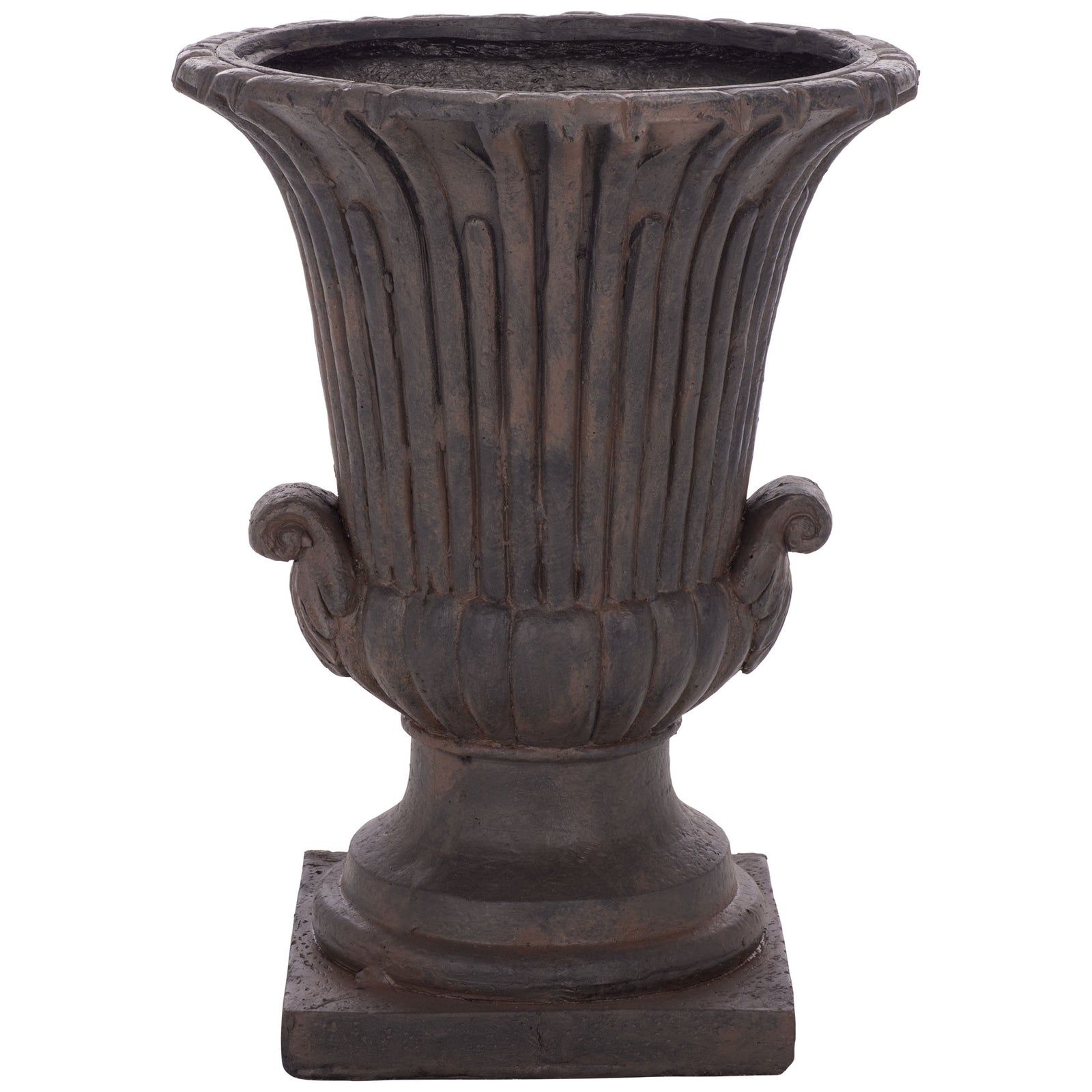 Brown urn planter brings a flared fluted body, scroll accents and a tiered pedestal || PAT5047B || front_studio
