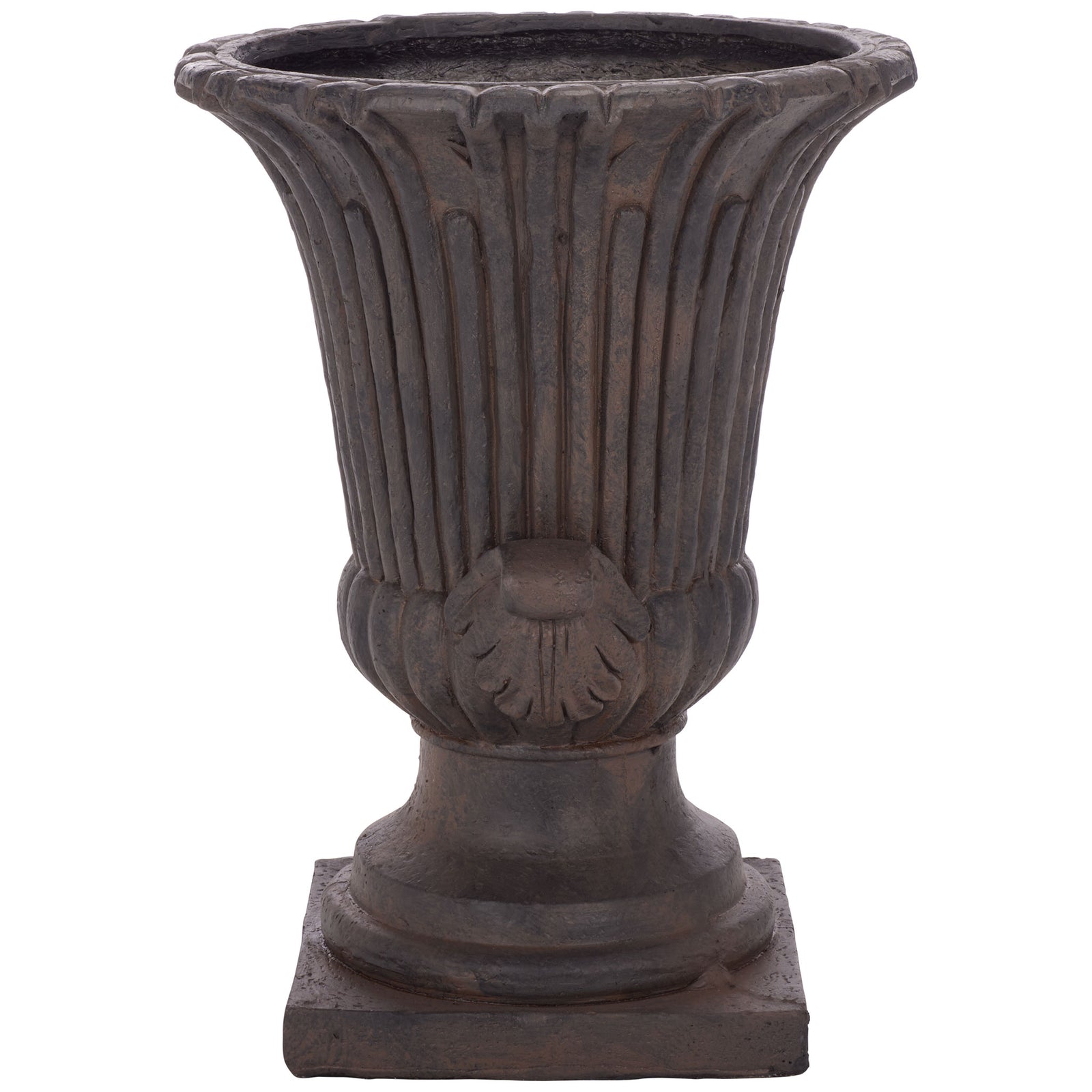 Sculpted leaf ornament accents the brown urn's rounded bowl and tall carved flutes || PAT5047B || side_studio