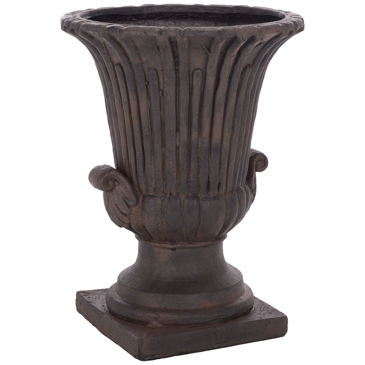 Curled accents frame the rounded bowl beneath the brown urn's fluted upper body || PAT5047B || front_angle_studio