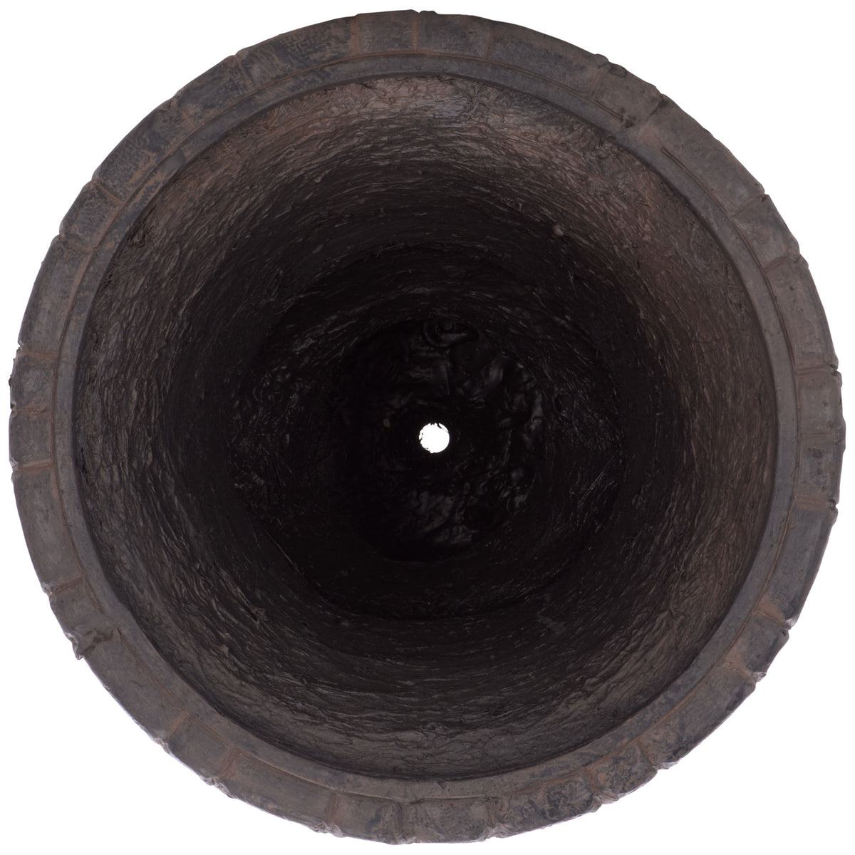 Broad brown rim surrounds a deep planting cavity with a small drainage hole || PAT5047B || top_studio