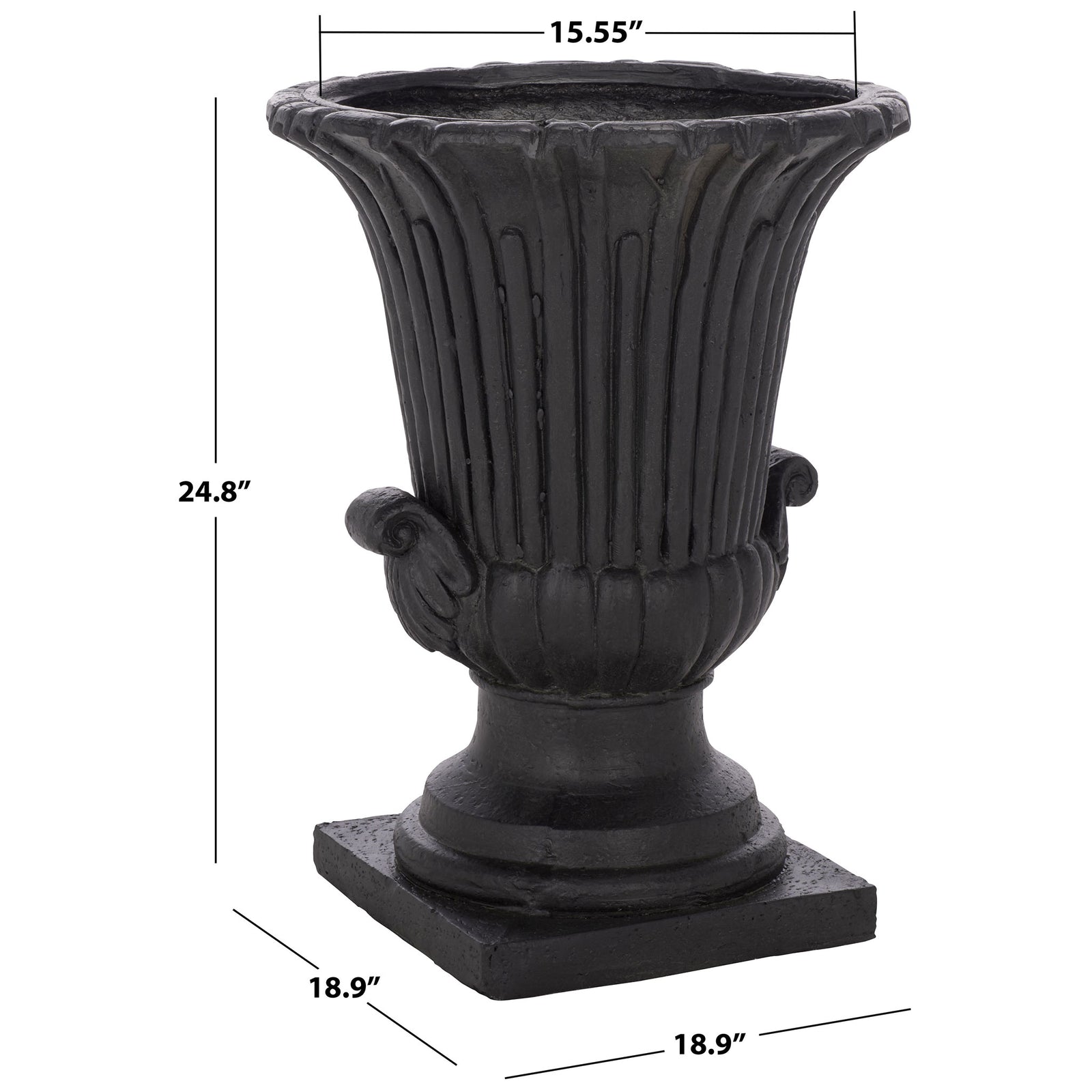 Sculpted black urn planter stands 24.8 inches tall on an 18.9-inch square base || PAT5047E || dimension_studio