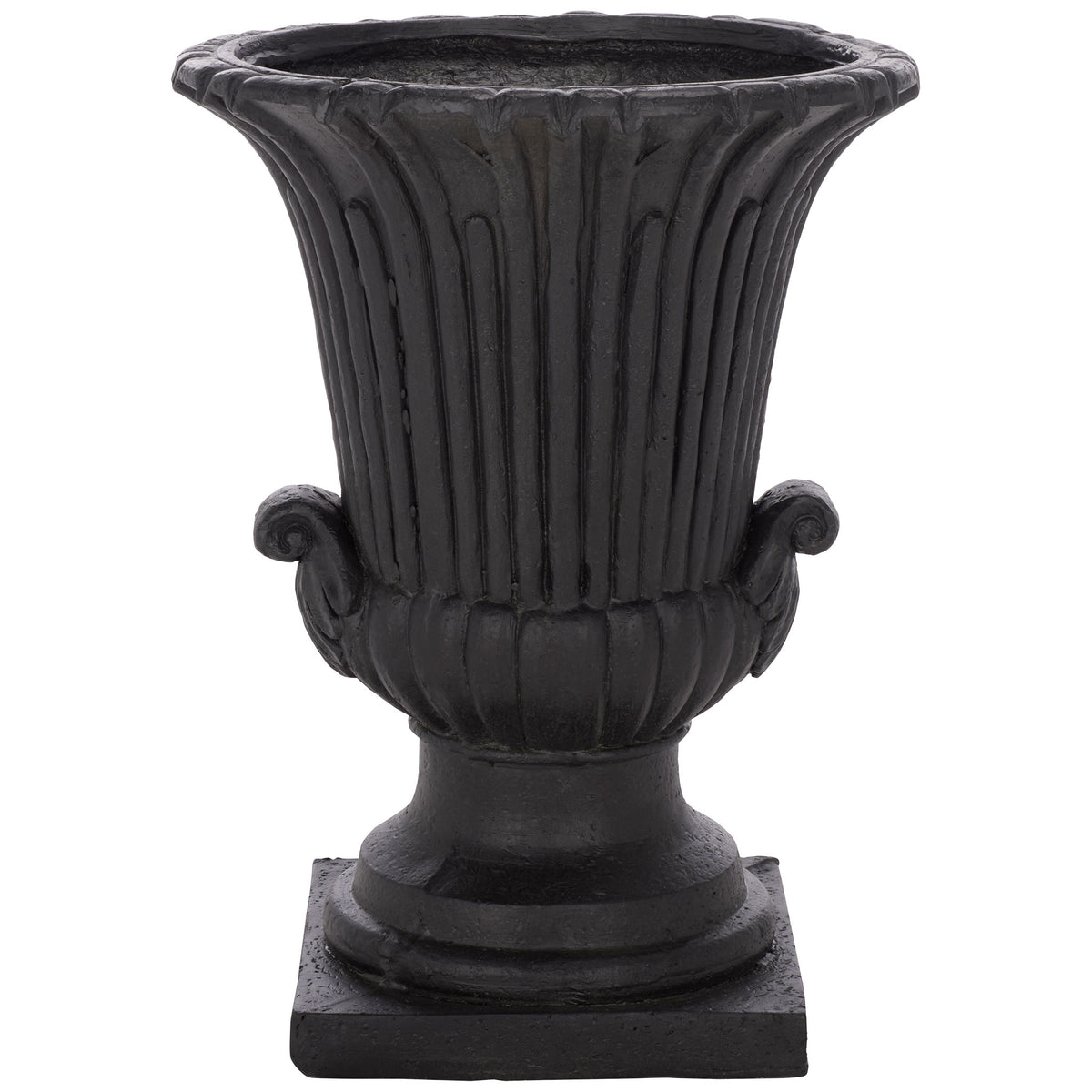 Black urn planter pairs a fluted, flared body with curled accents and a square pedestal base || PAT5047E || front_studio