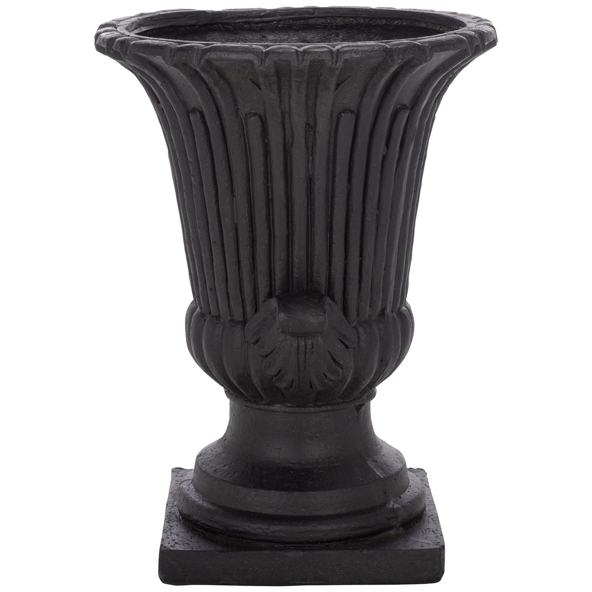 A carved leaf motif accents the black urn's rounded bowl beneath tall vertical flutes || PAT5047E || side_studio