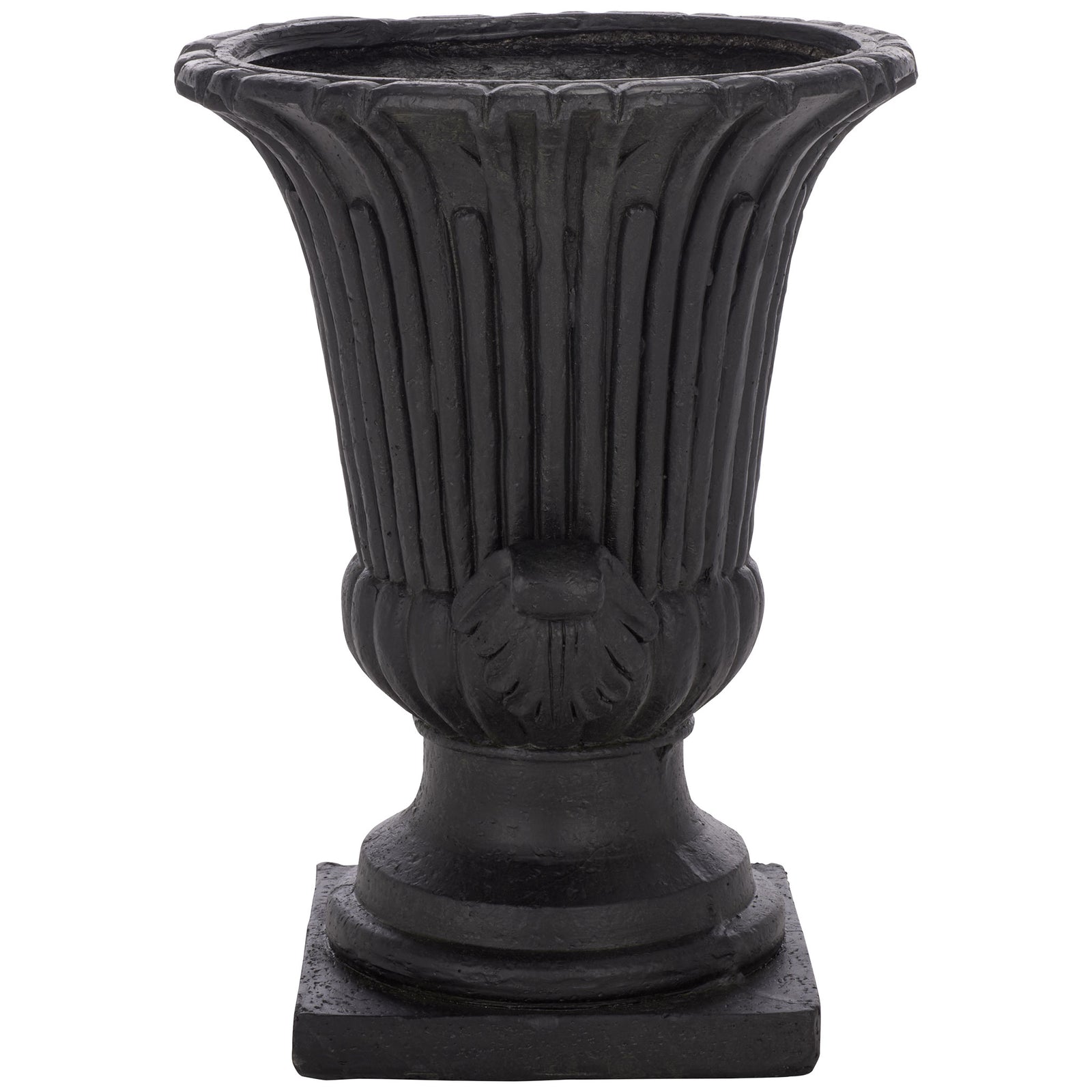 A carved leaf motif accents the black urn's rounded bowl beneath tall vertical flutes || PAT5047E || side_studio