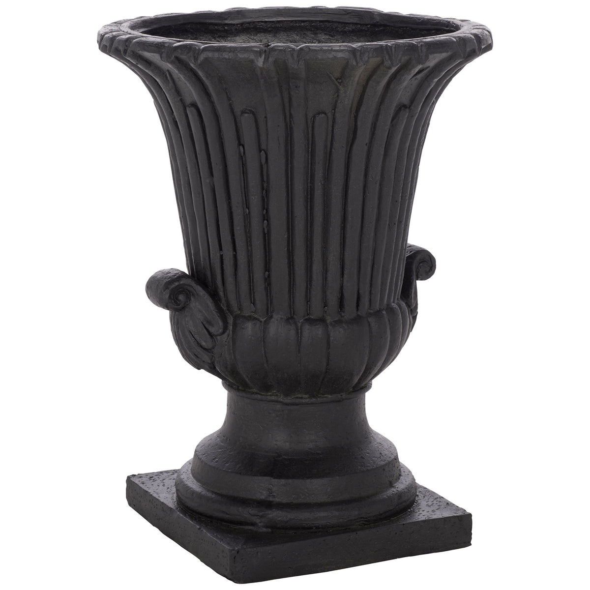 Sweeping flutes meet a rounded bowl adorned with curled accents on this black urn || PAT5047E || front_angle_studio
