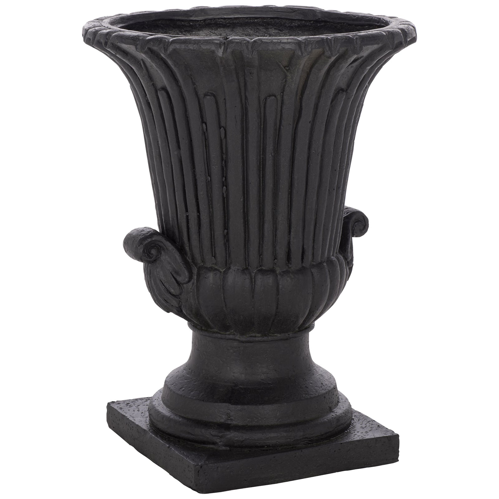 Sweeping flutes meet a rounded bowl adorned with curled accents on this black urn || PAT5047E || front_angle_studio