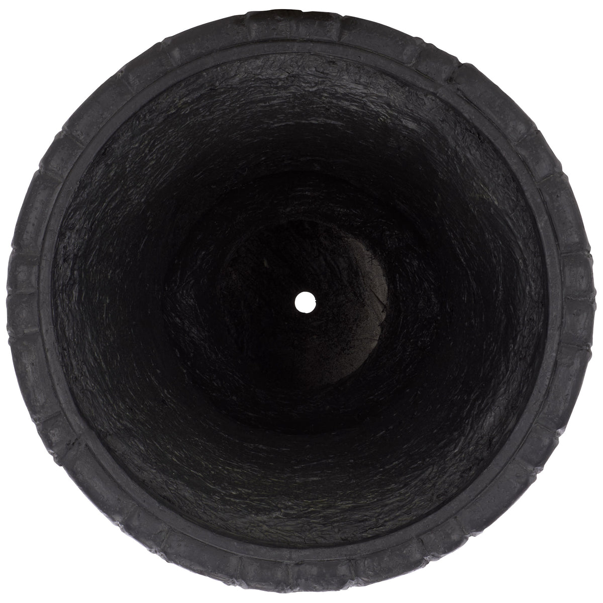 Circular planting cavity tapers toward a small drainage hole in the black urn planter || PAT5047E || top_studio