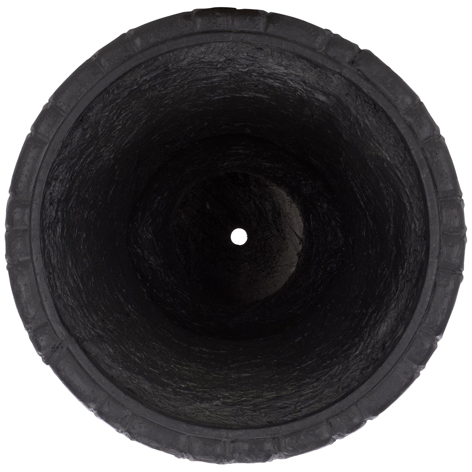 Circular planting cavity tapers toward a small drainage hole in the black urn planter || PAT5047E || top_studio