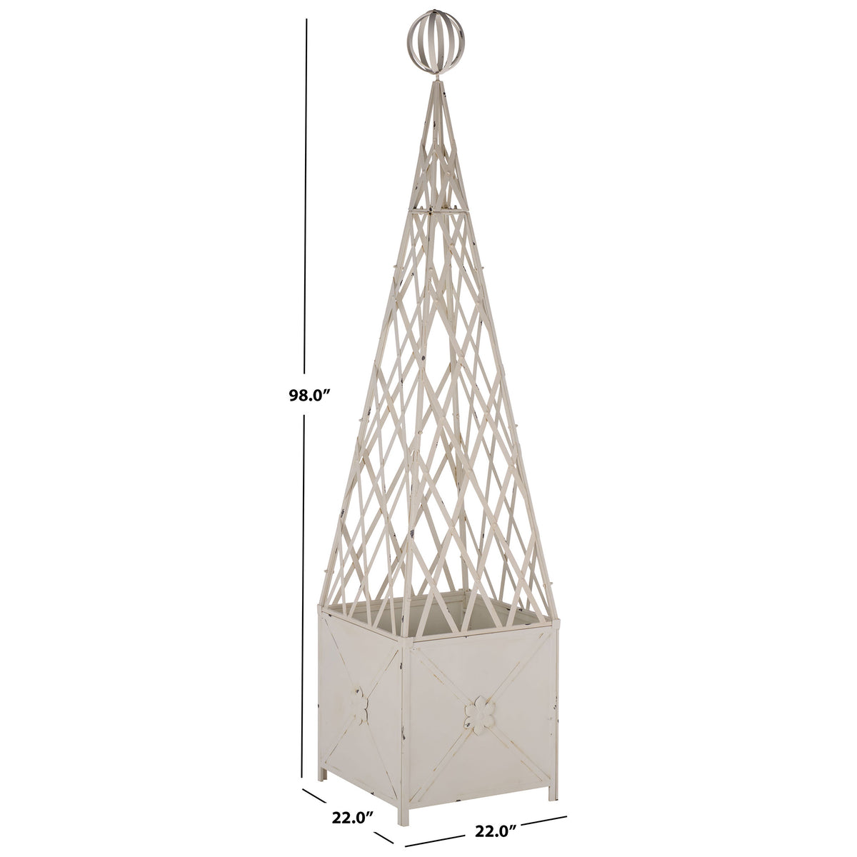 A 22-inch square base anchors the 98-inch iron planter and its soaring trellis. || PAT5048A || dimension_studio