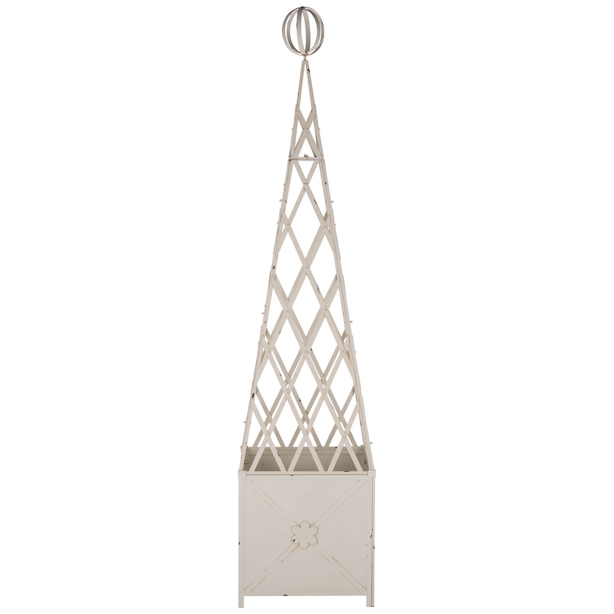 An antique white iron planter combines a floral-paneled base with a tall diamond-lattice trellis. || PAT5048A || front_studio