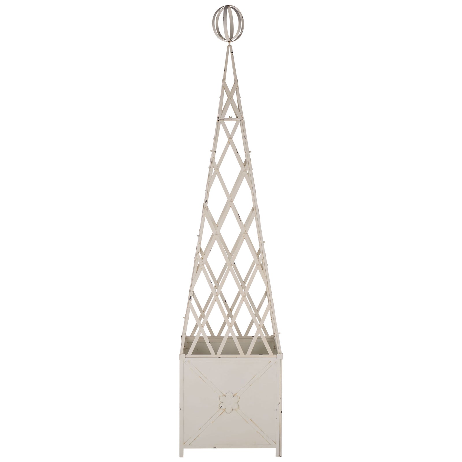 An antique white iron planter combines a floral-paneled base with a tall diamond-lattice trellis. || PAT5048A || front_studio