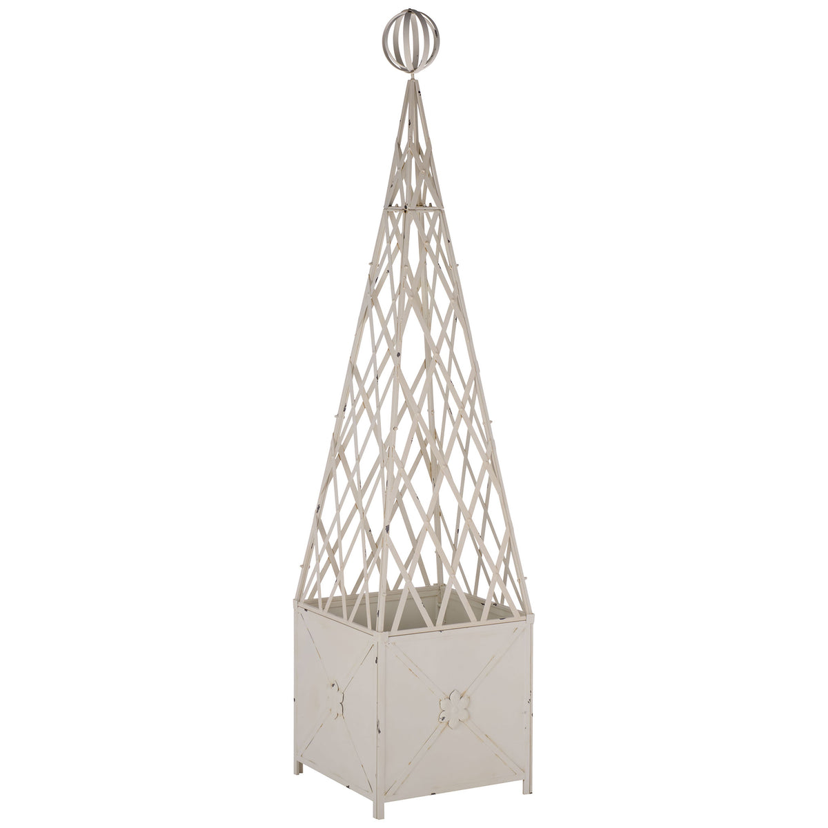 An ornate iron orb crowns a tapered trellis above the antique white planter's paneled base. || PAT5048A || front_angle_studio