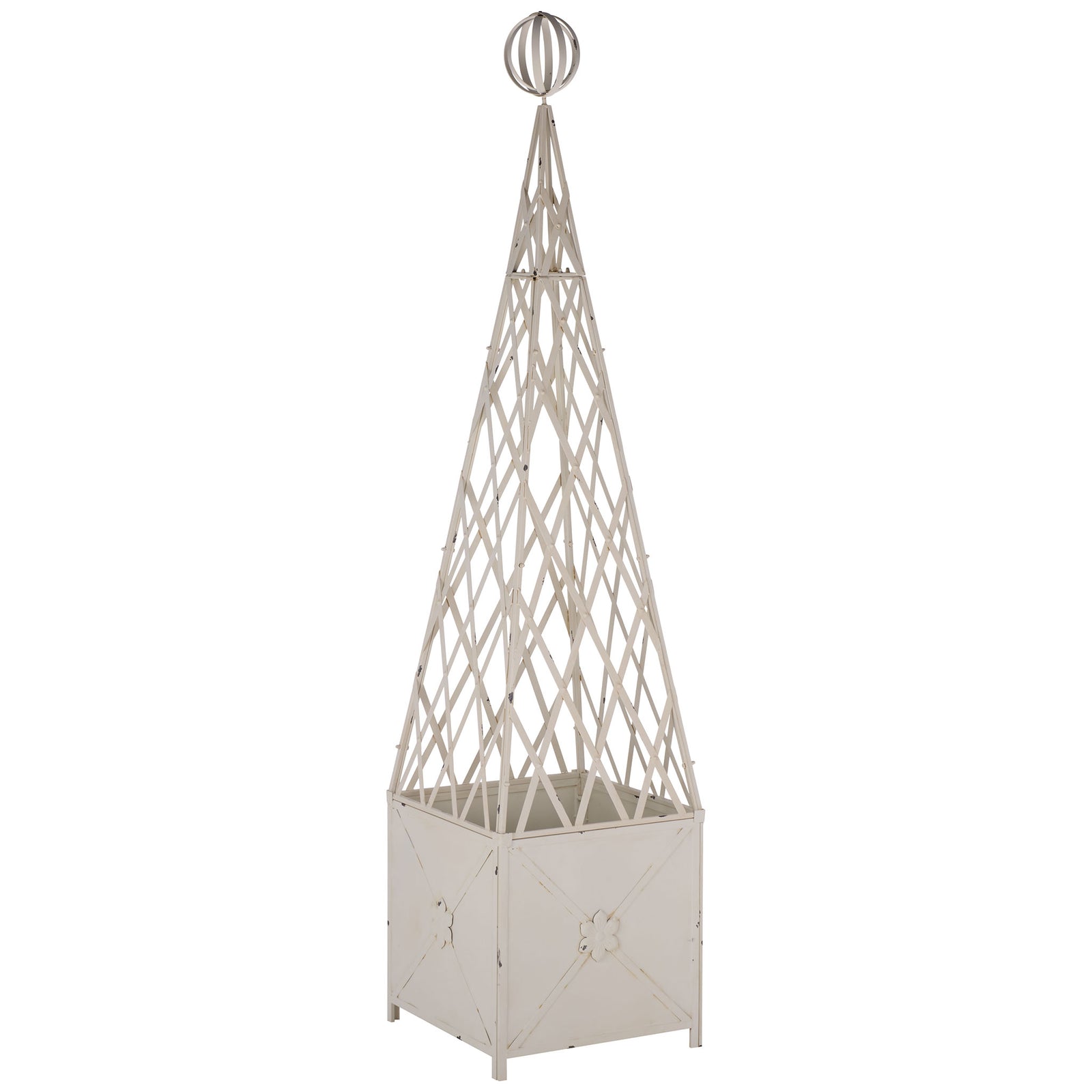 An ornate iron orb crowns a tapered trellis above the antique white planter's paneled base. || PAT5048A || front_angle_studio