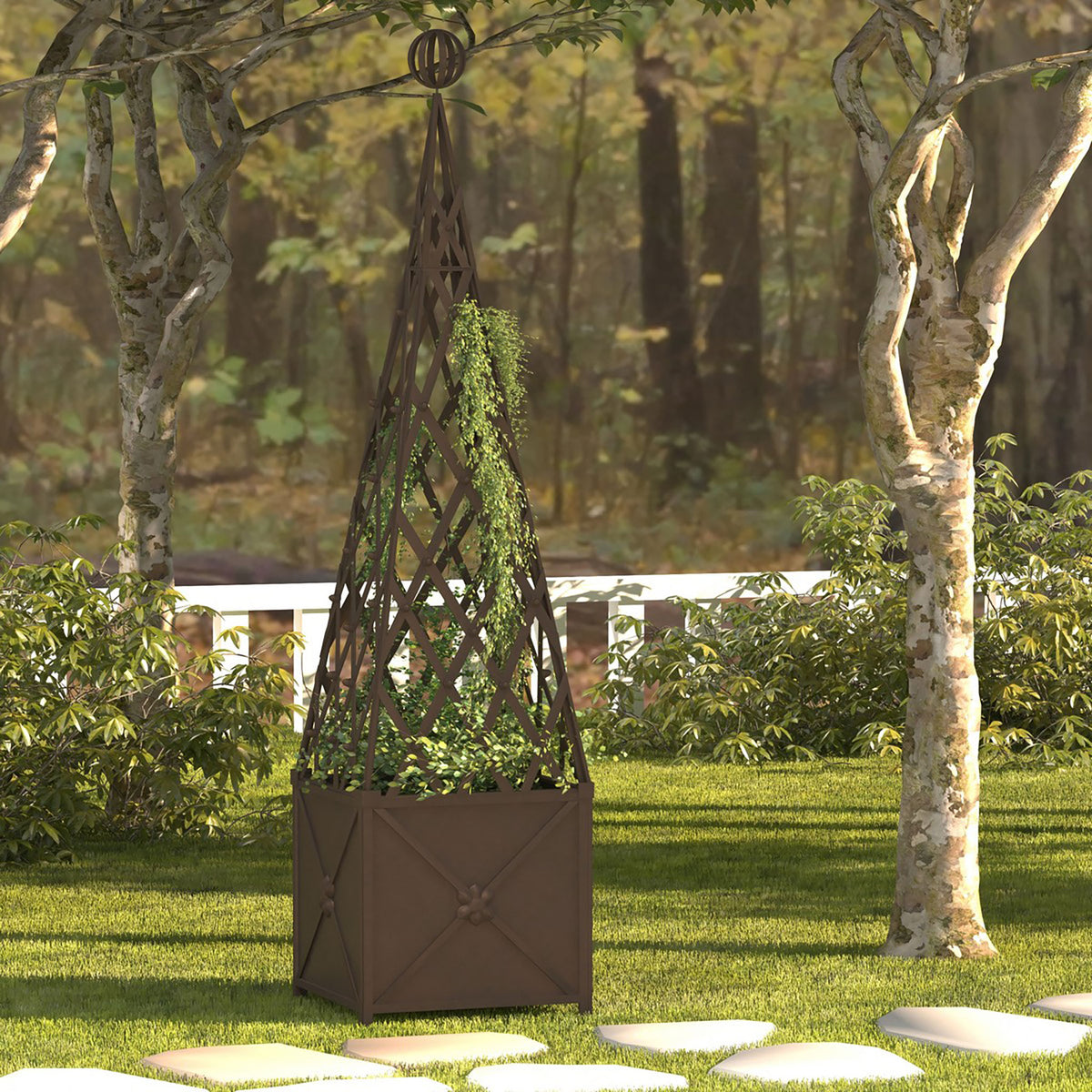 A rustic brown iron planter brings vertical greenery to the garden with a tapered diamond trellis. || PAT5048B || front_room