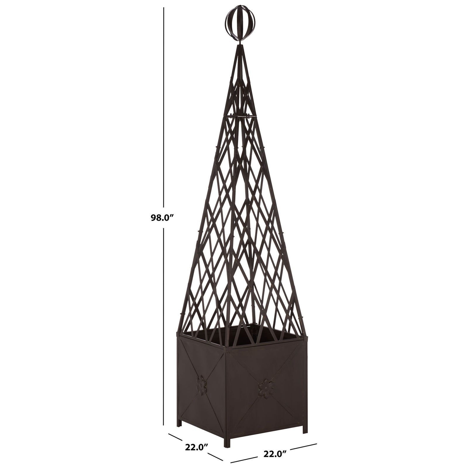 A 22-inch square planter anchors the rustic brown trellis at a total height of 98 inches. || PAT5048B || dimension_studio