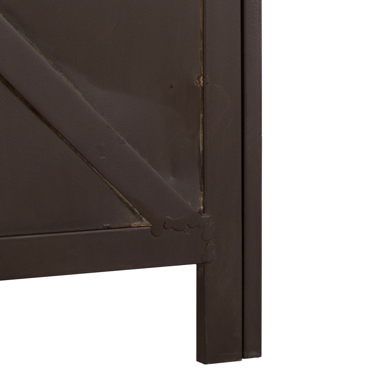 Square iron feet elevate the rustic brown planter beneath its diagonal panel accents. || PAT5048B || leg_studio