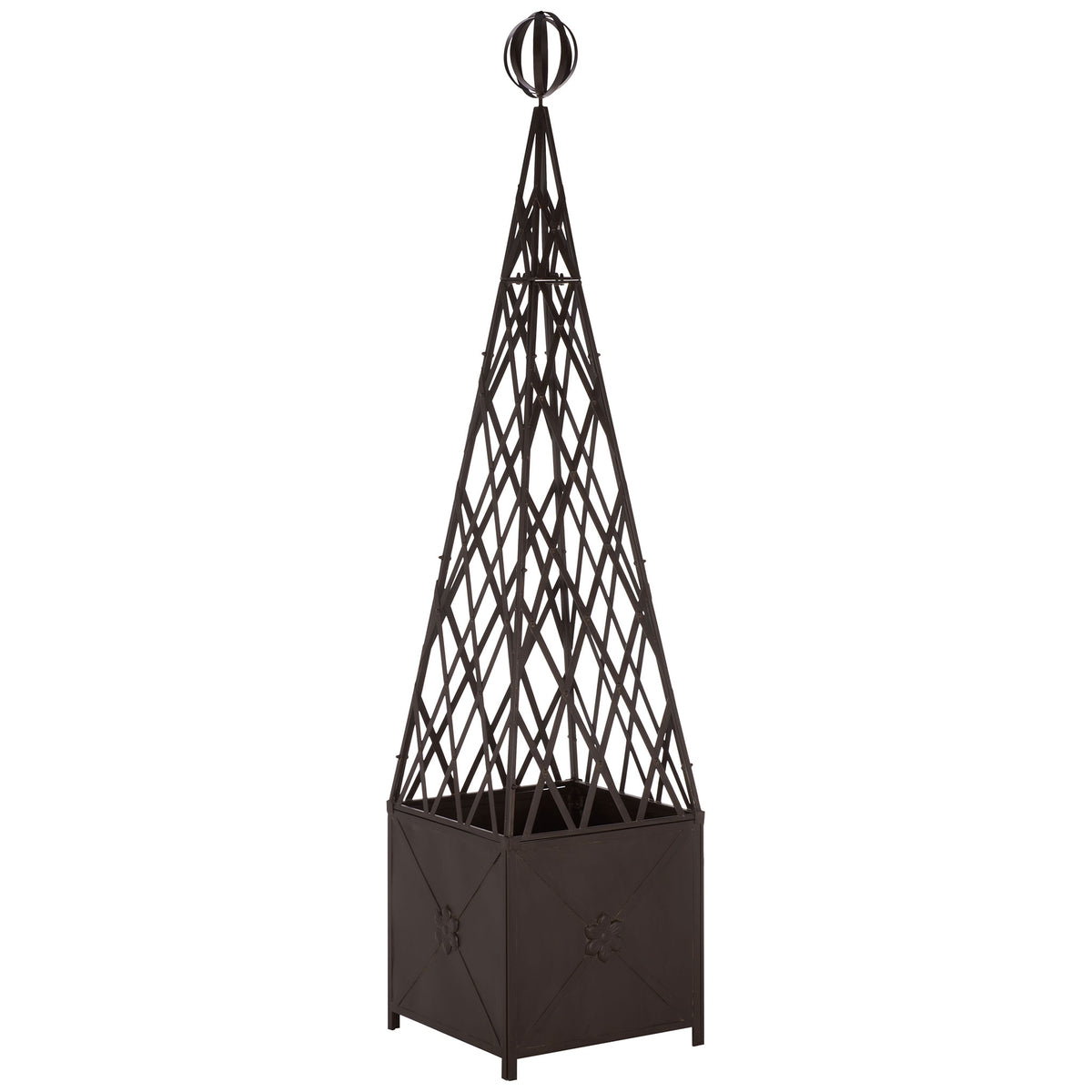 An airy brown trellis rises to an orb finial above the planter's decorative paneled sides. || PAT5048B || front_angle_studio