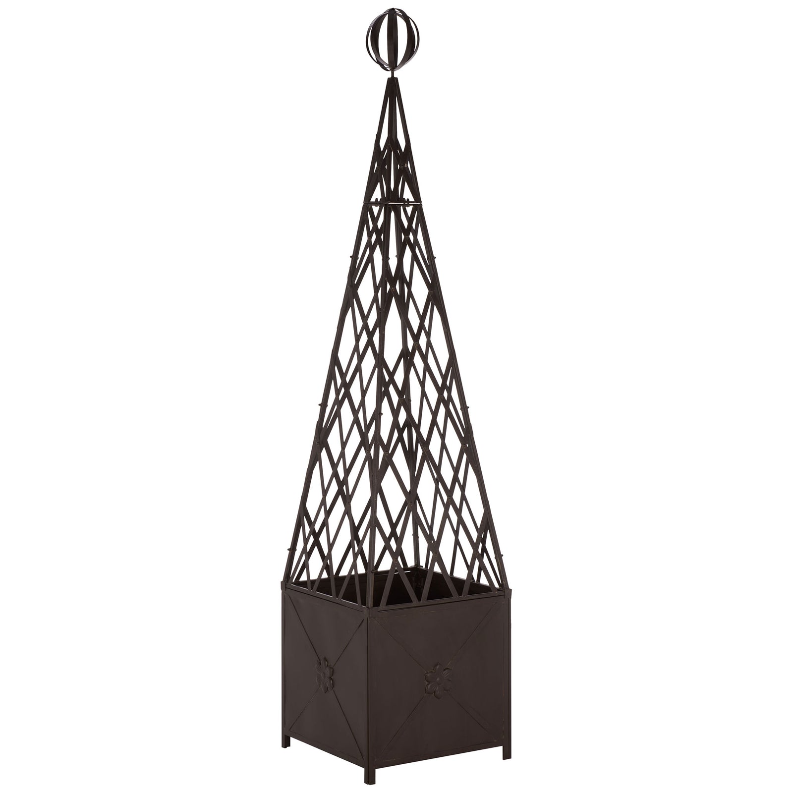 An airy brown trellis rises to an orb finial above the planter's decorative paneled sides. || PAT5048B || front_angle_studio