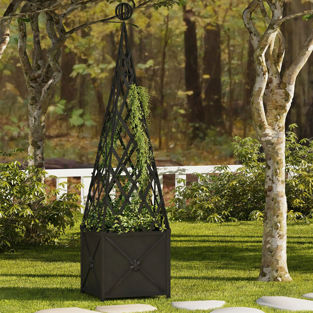 A black iron planter supports climbing greenery with an airy trellis that adds height to the garden. || PAT5048E || front_room