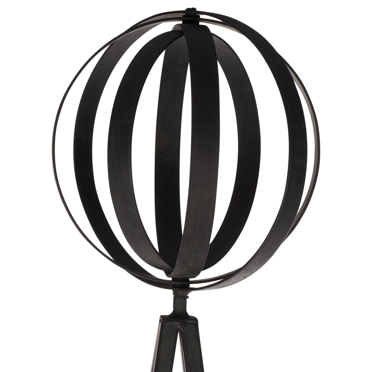 Curved black iron bands form an open orb atop the tapered trellis. || PAT5048E || detail_studio