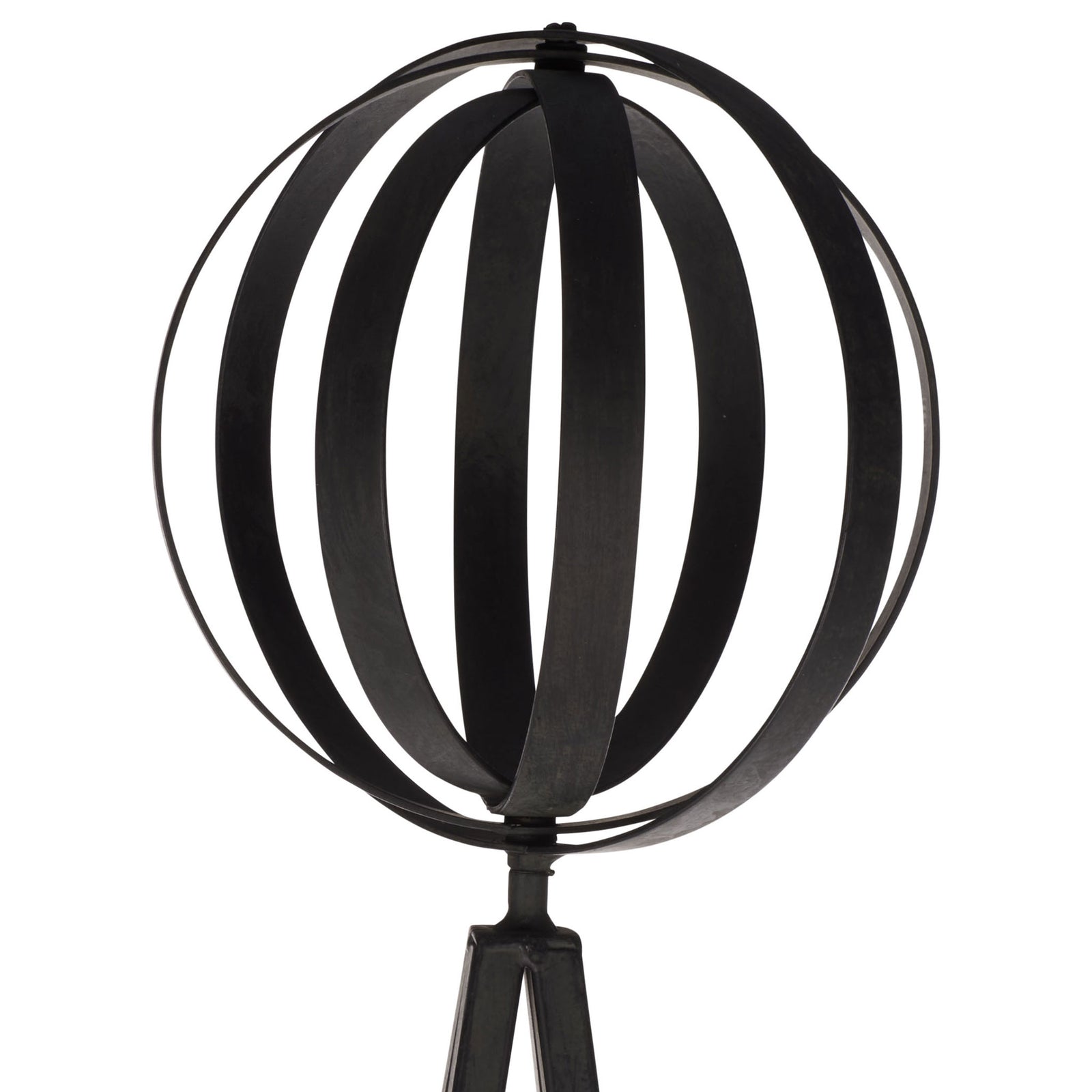 Curved black iron bands form an open orb atop the tapered trellis. || PAT5048E || detail_studio