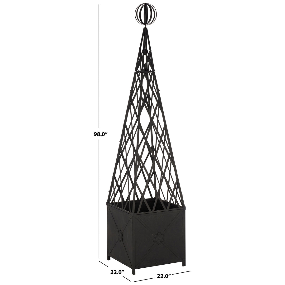The 98-inch trellis planter pairs a 22-inch square base with an elegant iron orb.