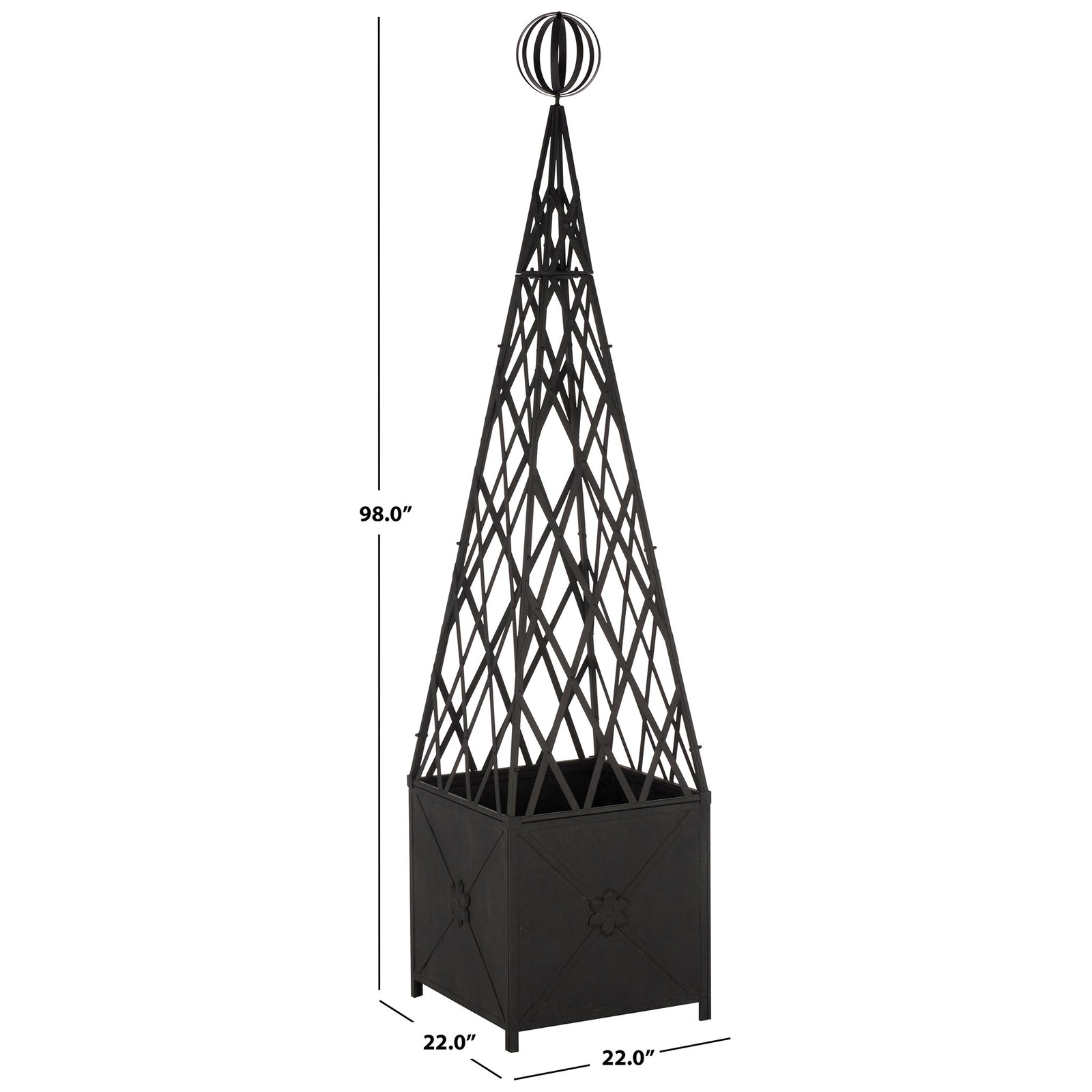 The 98-inch trellis planter pairs a 22-inch square base with an elegant iron orb. || PAT5048E || dimension_studio