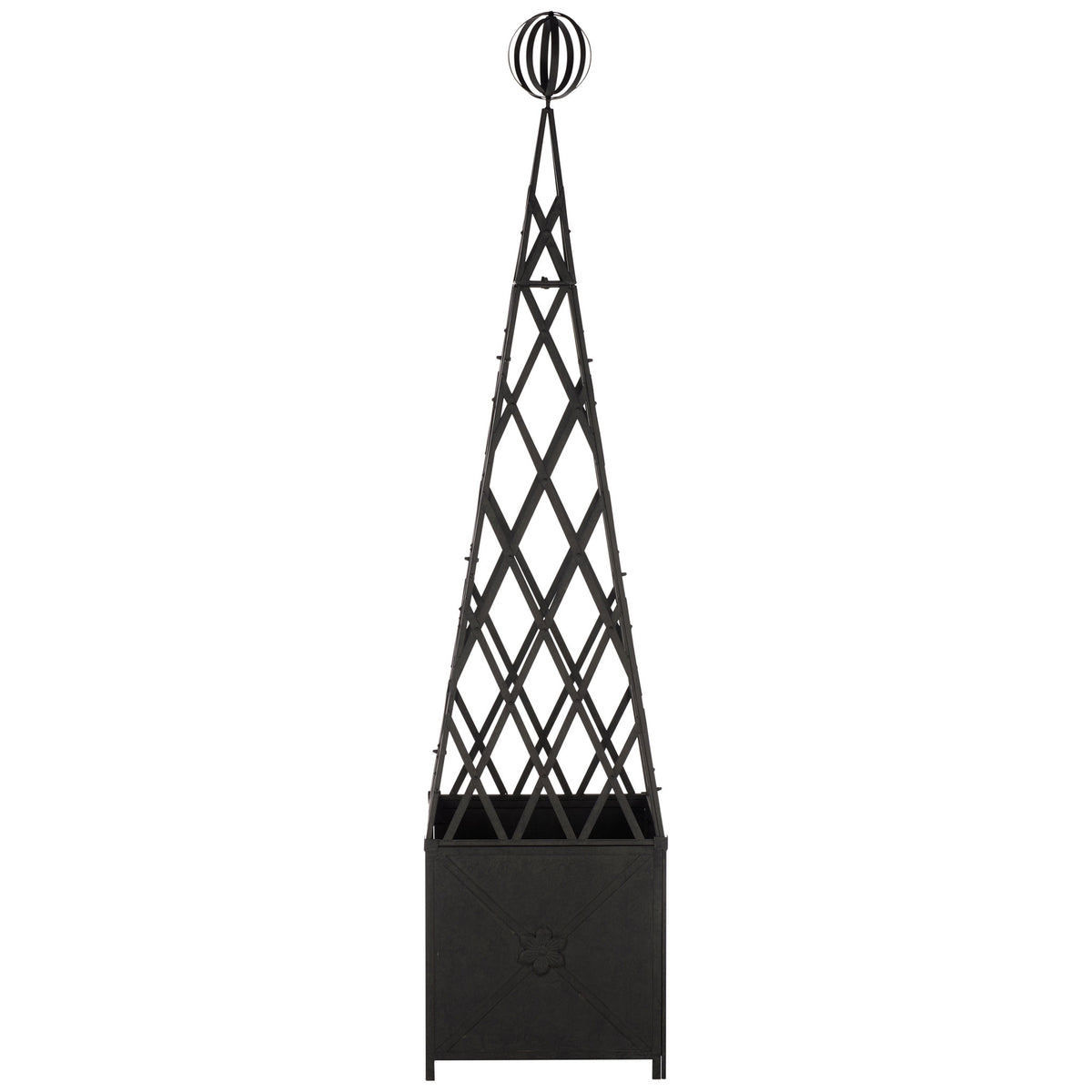 A tall black iron trellis rises from a square planter with floral X-panel detailing. || PAT5048E || front_studio