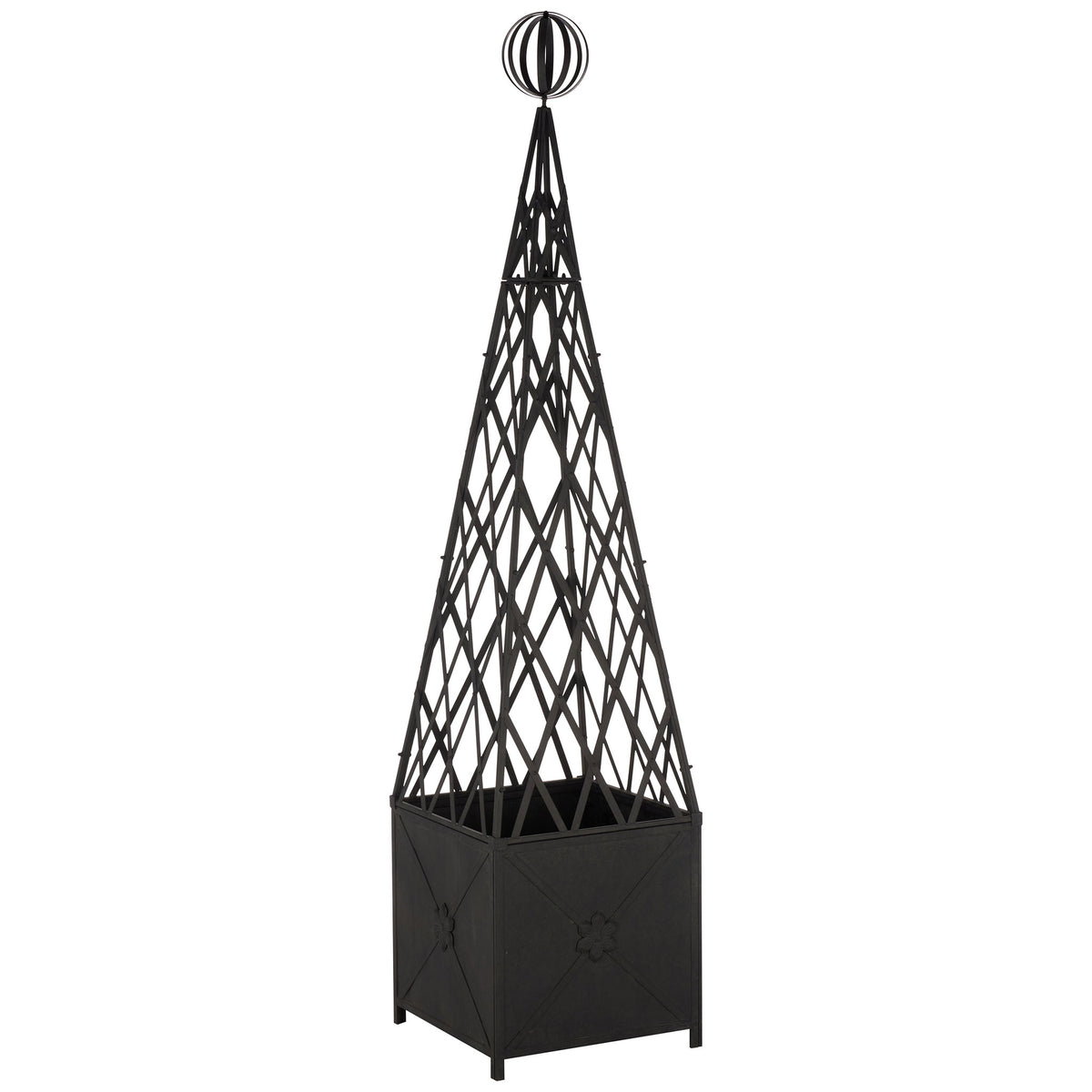 A pyramidal black iron trellis and openwork orb crown the richly paneled planter base. || PAT5048E || front_angle_studio
