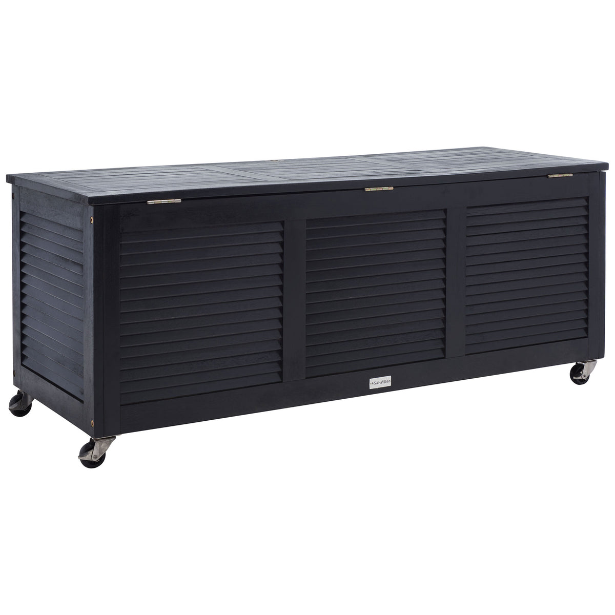 Black eucalyptus wood chest pairs louvered panels with a lift-up lid and rolling casters || PAT7038D || back_angle_studio