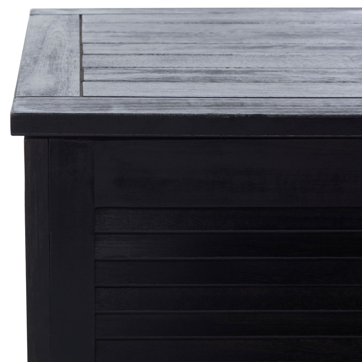 Dark wood grain and a sturdy corner frame accent the black louvered storage box || PAT7038D || detail_studio