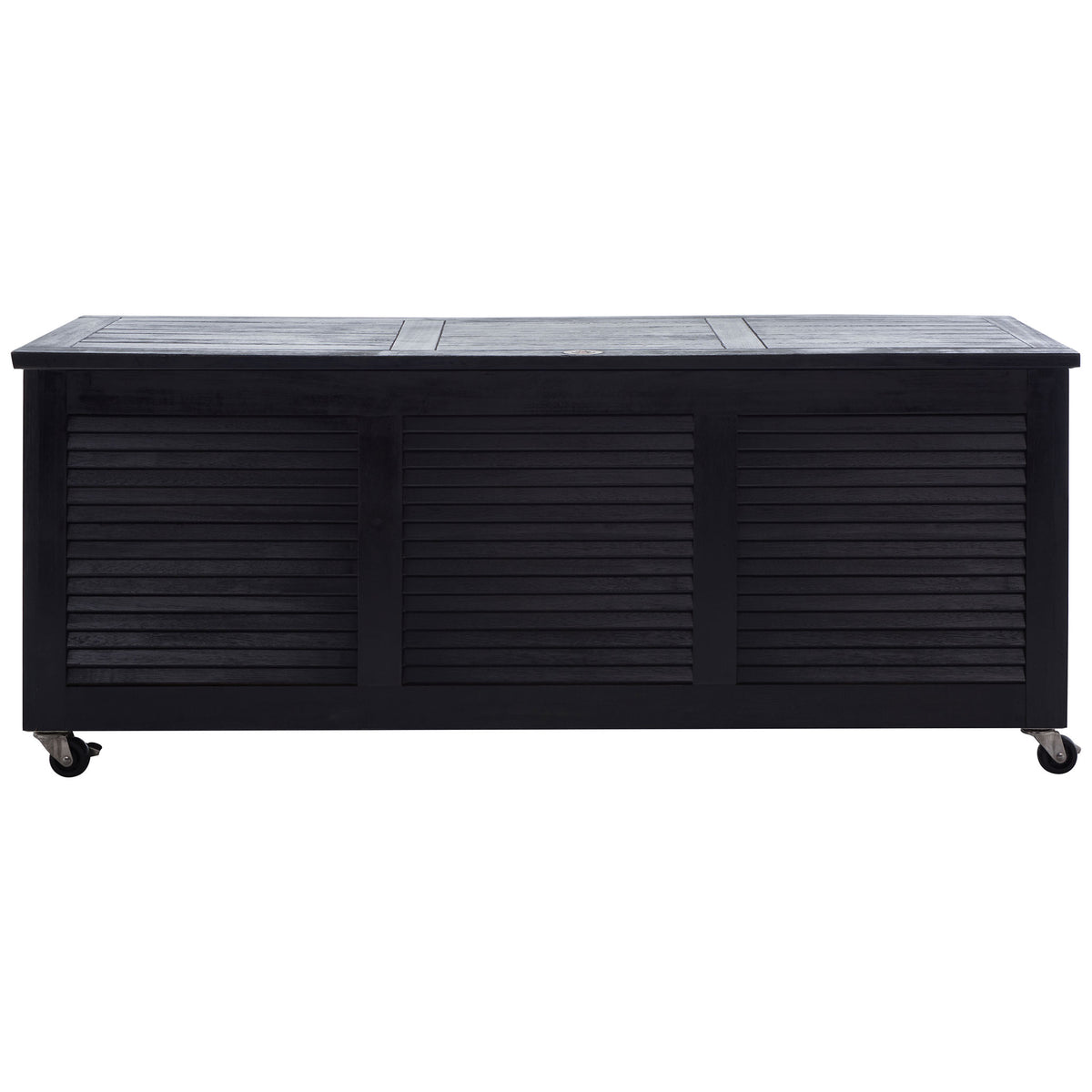 Three louvered panels add texture to a black wood cushion box on rolling casters || PAT7038D || front_studio
