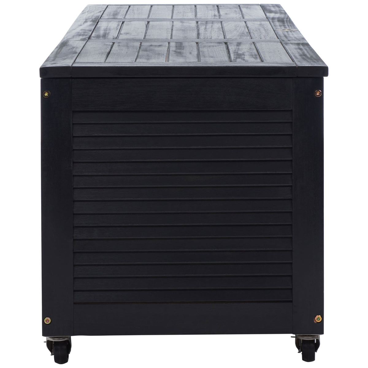 Louvered black wood end panel and caster wheels complete the outdoor cushion box || PAT7038D || side_studio