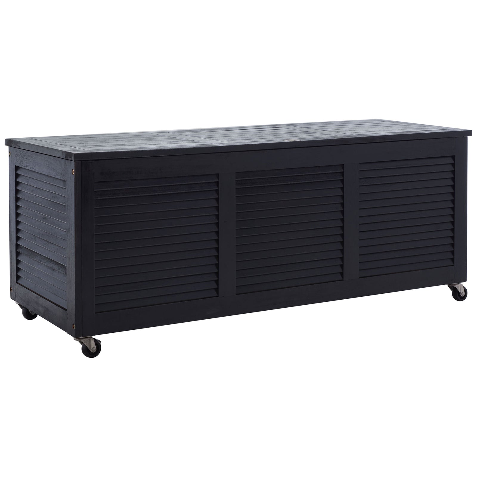 Black eucalyptus wood storage box combines a slatted lid, louvered sides and casters || PAT7038D || front_angle_studio