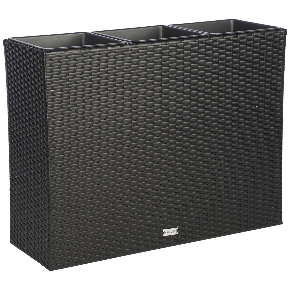 A slim black wicker planter brings three individual planting spaces to the patio. || PAT7705A || back_angle_studio