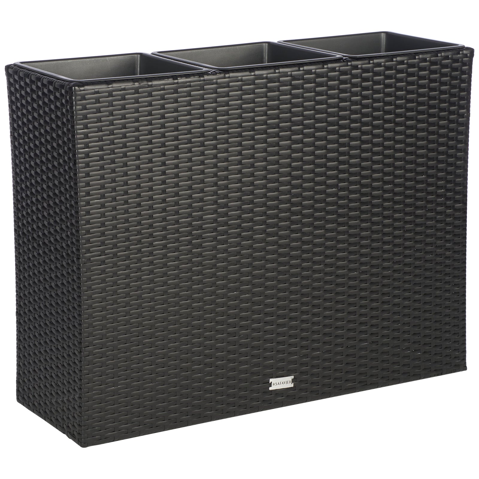 A slim black wicker planter brings three individual planting spaces to the patio. || PAT7705A || back_angle_studio