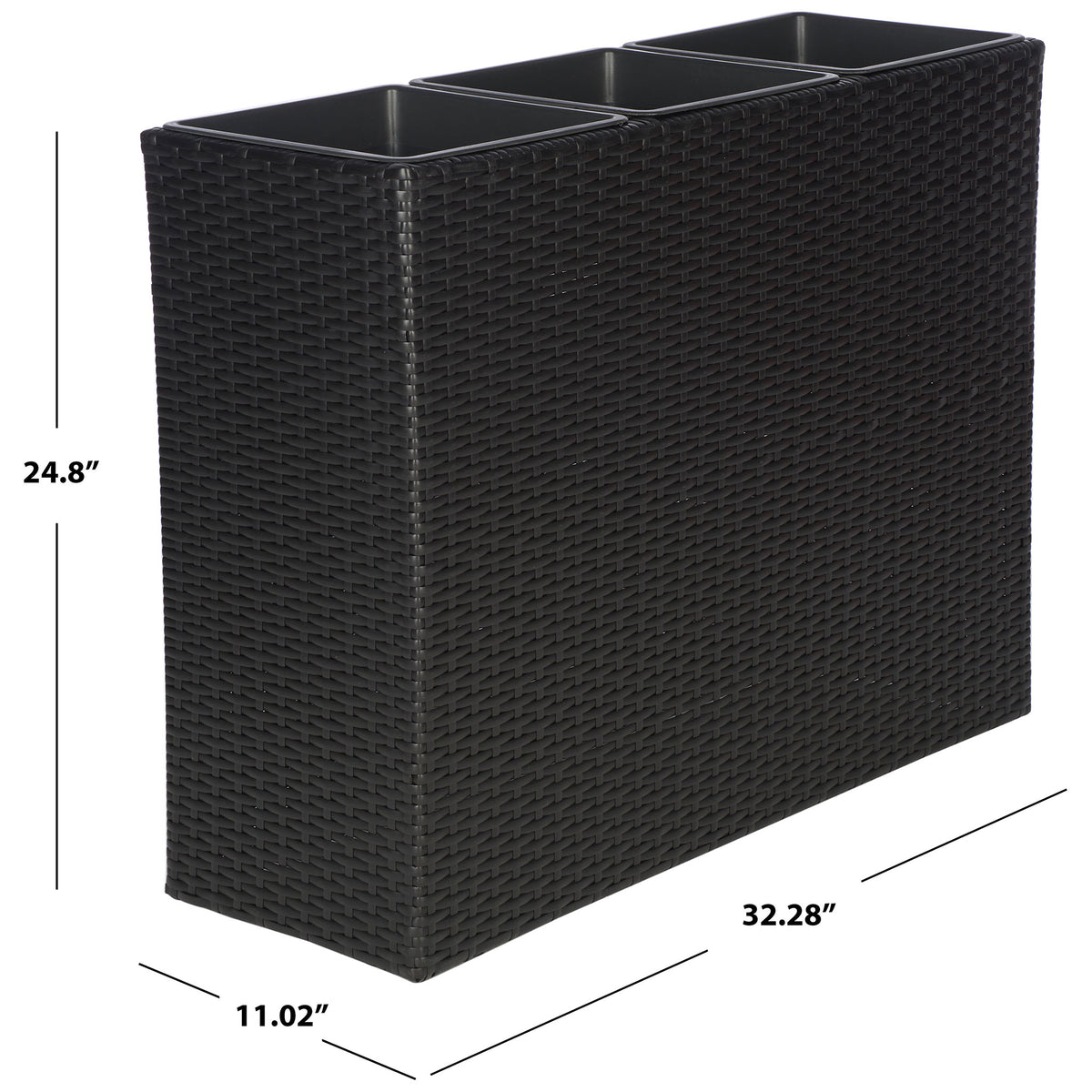 Black wicker planter measures 32.28 inches wide, 11.02 inches deep, and 24.8 inches tall. || PAT7705A || dimension_studio