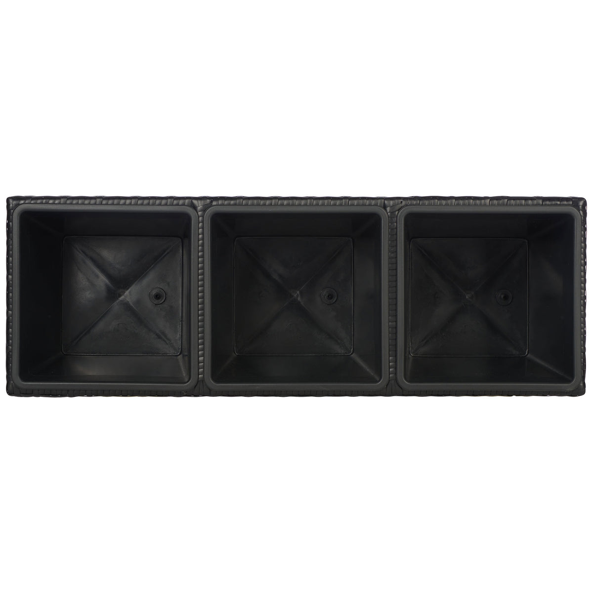 Three black planting inserts sit neatly within a woven black frame. || PAT7705A || top_studio