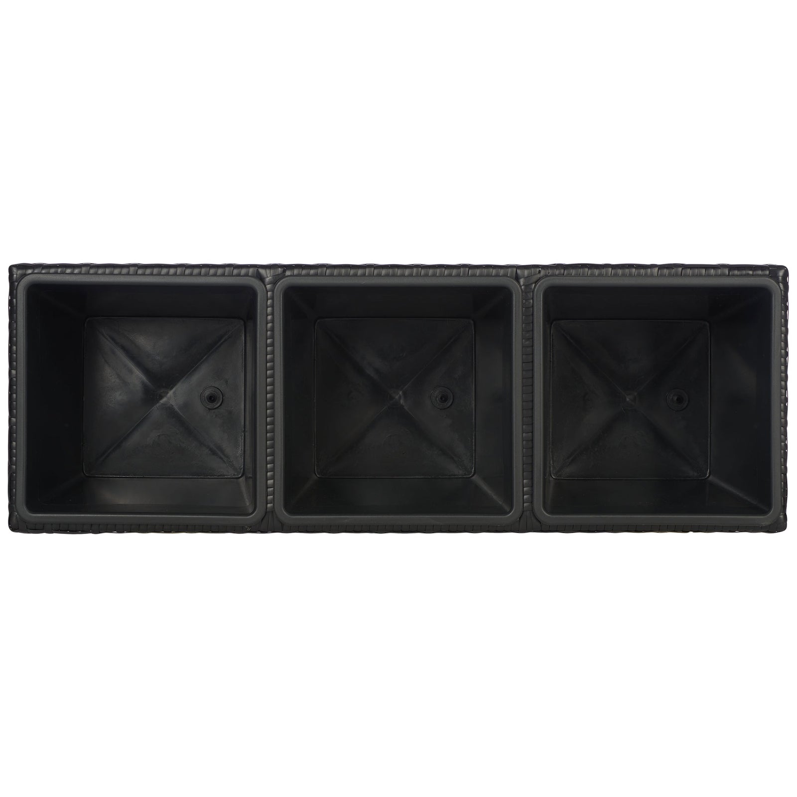 Three black planting inserts sit neatly within a woven black frame. || PAT7705A || top_studio