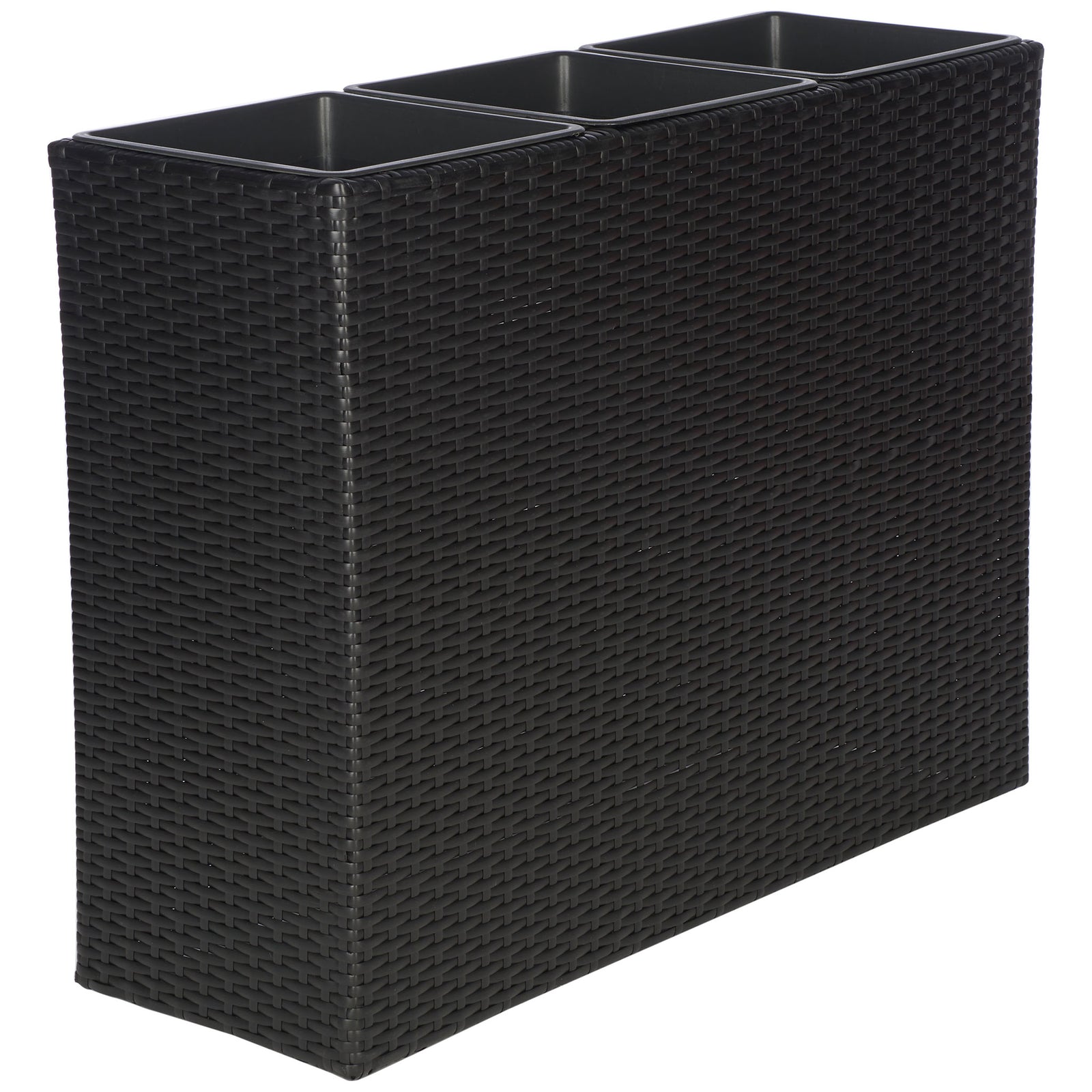 Three deep planting bins complement the basket-weave texture of the black planter. || PAT7705A || front_angle_studio