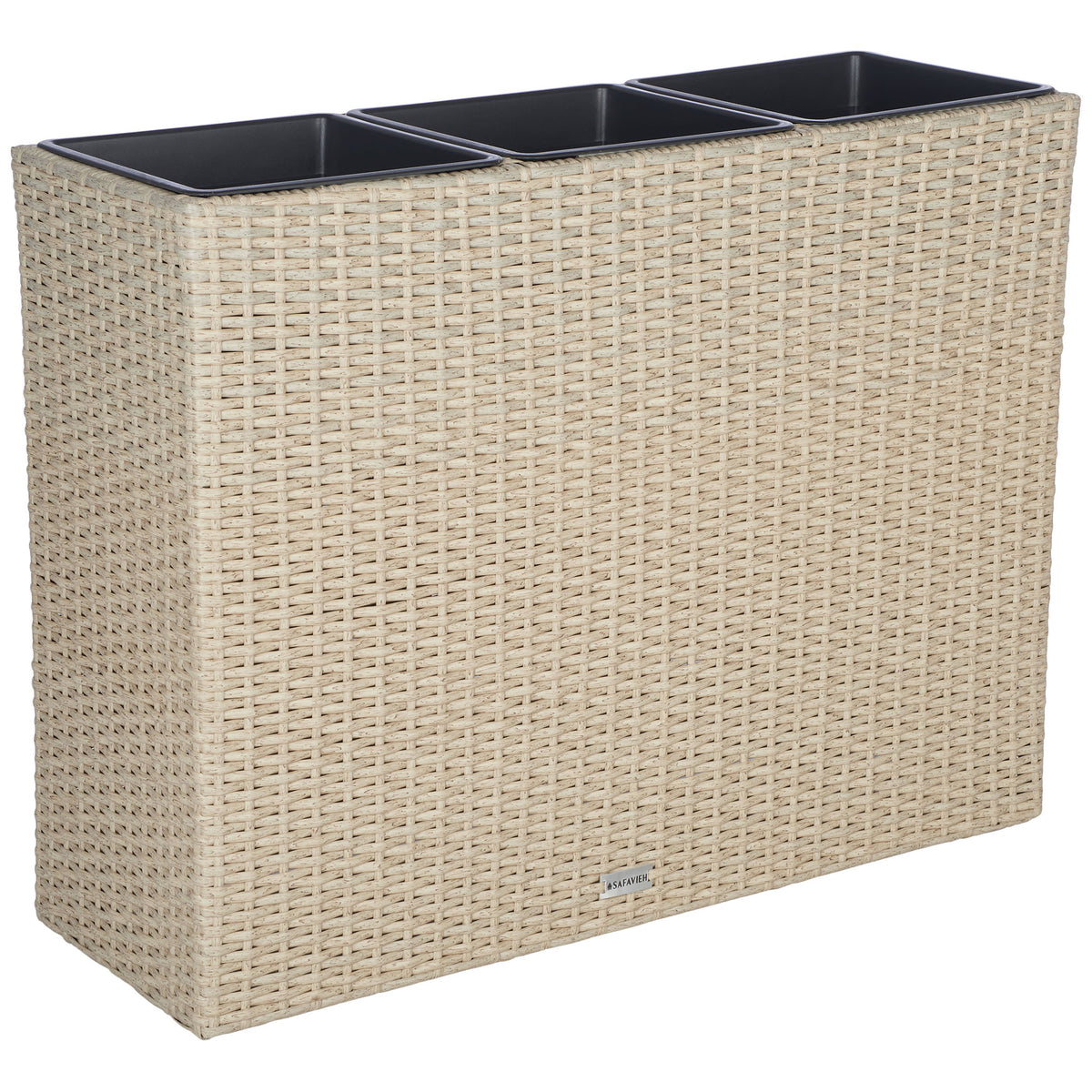 Three black liners nest inside a slim planter wrapped in beige wicker. || PAT7705B || back_angle_studio