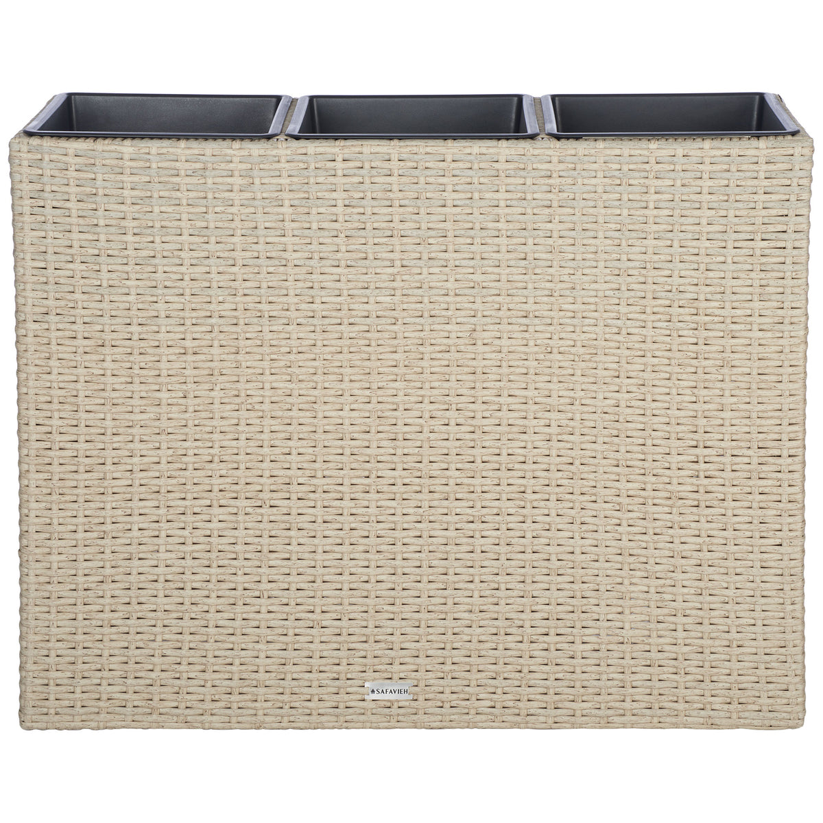 Beige wicker gives this three-compartment planter a warm, inviting texture. || PAT7705B || back_studio