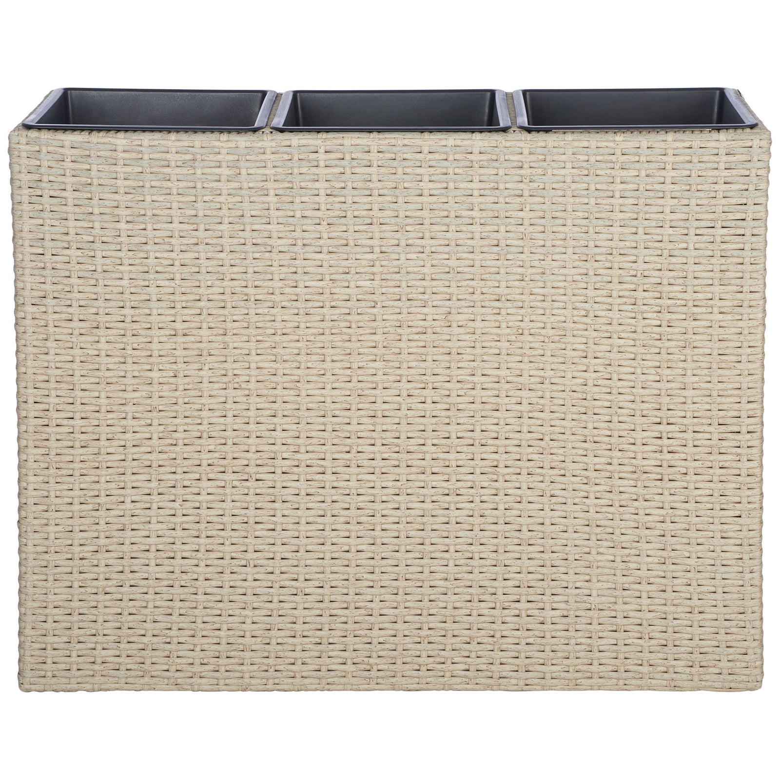 Three planting spaces give the beige wicker planter a clean, tailored silhouette. || PAT7705B || front_studio